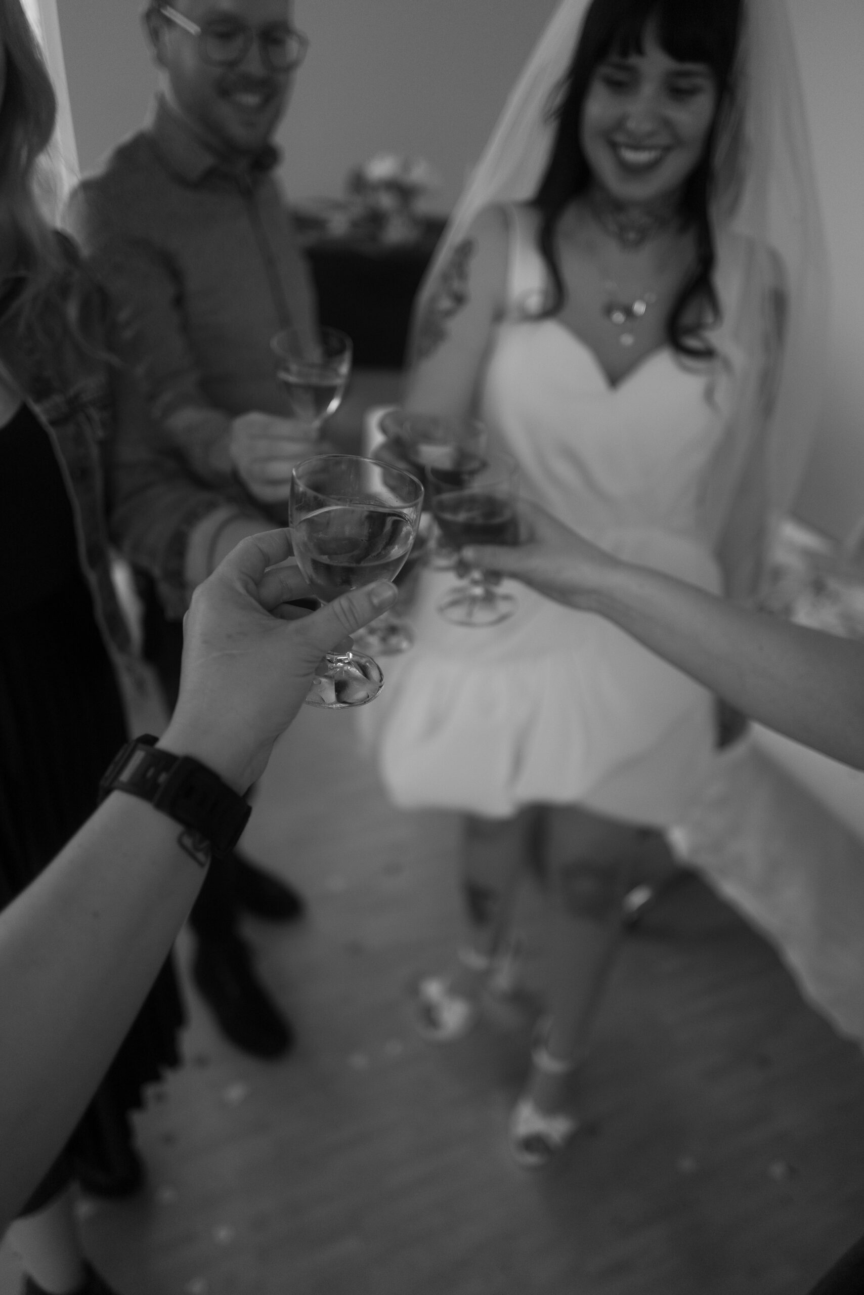 Braut & Gäste stoßen mit Drinks an, ausgelassene Hochzeitsstimmung, alternative Hochzeitsfeier.