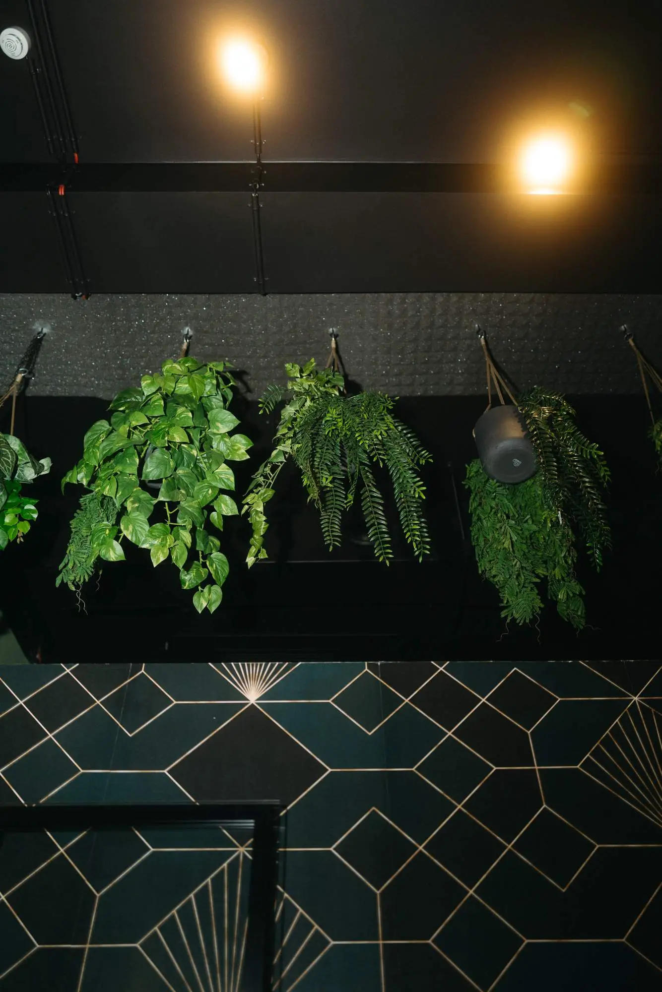 Moderne Hochzeitslocation mit Pflanzen und geometrischen Wandmustern – ein ungestellter Blick auf den Rahmen dokumentarischer Hochzeitsfotografie.